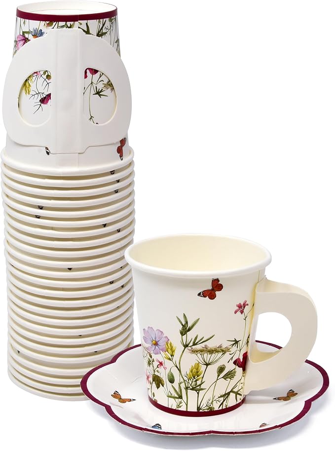 Gift Boutique 24 Tea Party Cups Disposable 5 Oz 24 Saucers Paper Plate Floral Wildflower Butterfly Teacup Set with Handles for Kids Girls Birthday