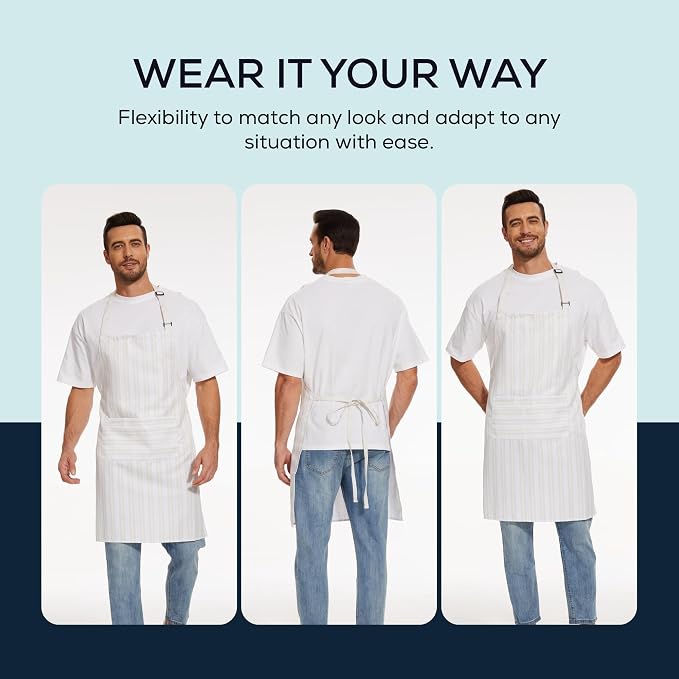 Will Well 2 Pack Bib Apron For Men & Women with 2 Pockets - White Stripe | Unisex 33'' x 27'' Oil & Water Resistant Soft Kitchen Chef Apron with Adjustable Neck Strap & 38'' Waist Ties for Snug Fit - Image 5