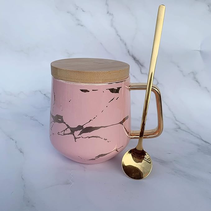 YBK Tech Porcelain Tea Cup Coffee Mug Set for Afternoon Tea - Marble Pattern (Pink, Tall 400ml + wood lid)