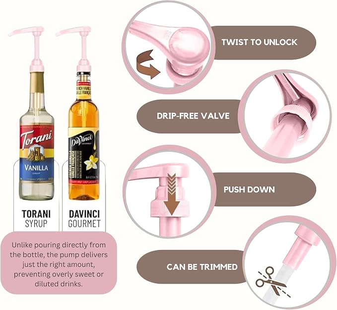 Syrup Pump Compatible with Torani, Davinci and Skinny (Set of 2) - fits Bottles (25.4 oz-750ml) (Pink) - Image 3
