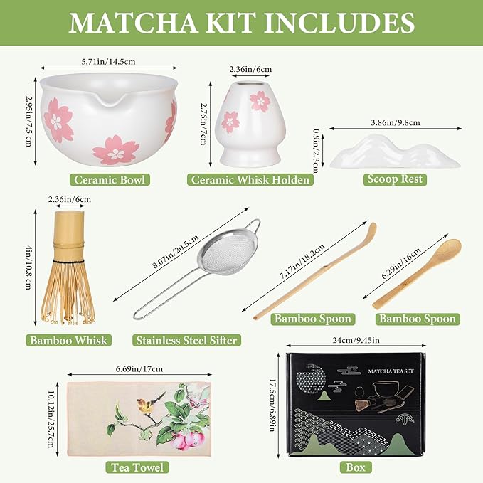 Matcha Whisk Set, 8 Pcs Matcha Making Kit with Ceramic Bowl, Japanese Style Bamboo Chasen, Scoop, Sifter & Holder - Complete Matcha Set for Beginners & Enthusiasts, Ideal Gift (White)