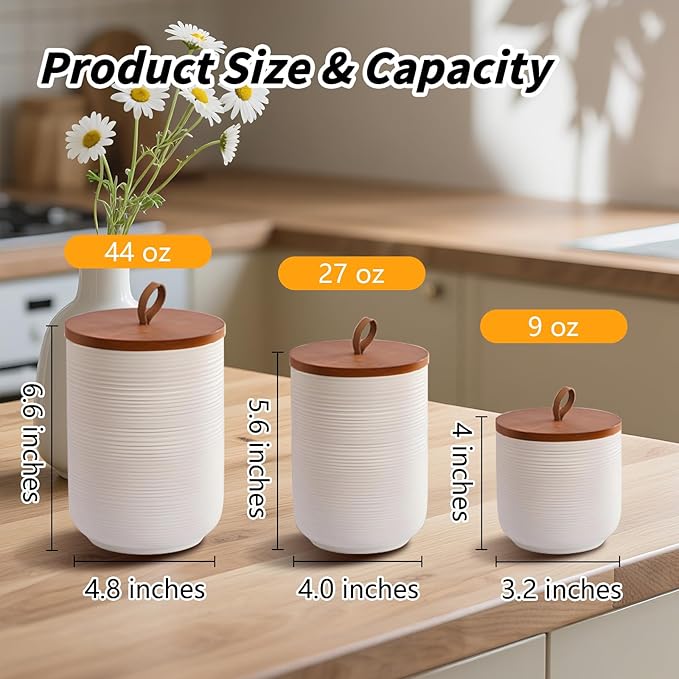 Food Storage Jar Strong Ceramic Storage Canisters with Airtight Wooden Lid,Kitchen Storage Containers for Serving Coffee Beans, Tea, Sugar, Salt, Spices (Little white 9 oz)