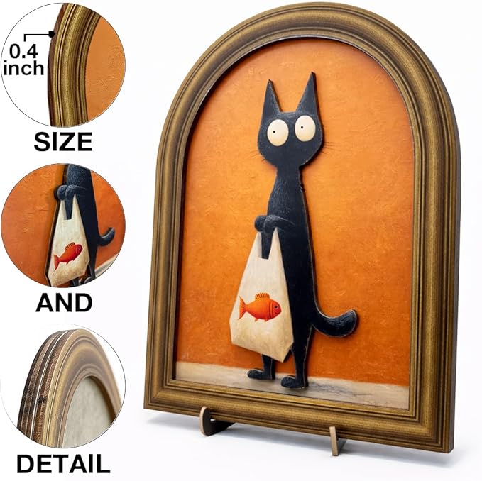 3D Cute Black Cat Table Decor Sign, Funny Cat and Fish Wall Art Sign for Home Living Room Dining Room Table Wall Desk Decor 8x10 Inch