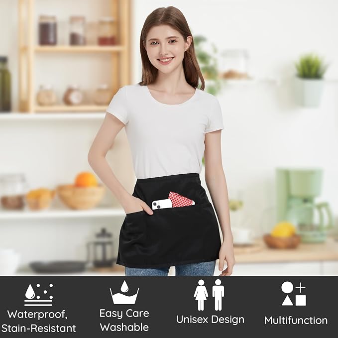3 Pack Waist Apron with 3 Pockets, Unisex Black Waiter Aprons, Water Resistant Server Aprons for Restaurant Chef Bar - Image 2