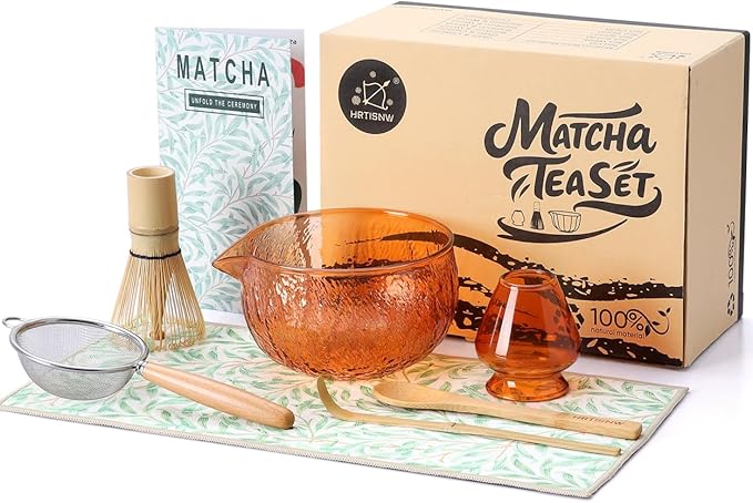 Matcha Whisk Set, 7 Pcs, Matcha Kit Includes Matcha Bowl, Matcha Whisk and Holder, Bamboo Scoop, Spoon, Sifter and Tea Towel, Matcha Set, Gift for Matcha Lovers & Beginners (Amber)
