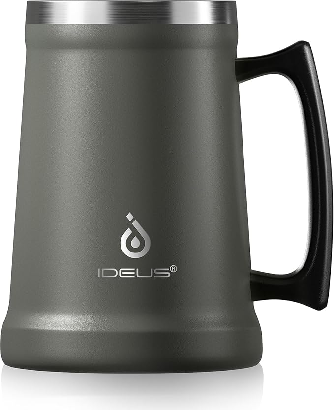 Ideus Insulated Beer Stein, 24/32oz Stainless Steel Double Walled Beer Mug Giant Bar Drinkware Metal Beer Cup with Big Grip Handle (Grey, 24 ounces (710ml))