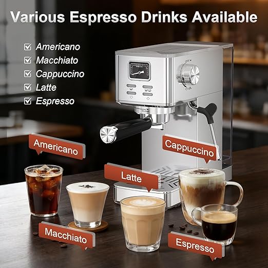 Espresso Machine 20 Bar, Stainless Steel Coffee Machine with Steam Milk Frother & 47oz Removable Water Tank, Hot Water Function for Home Cappuccino, Latte