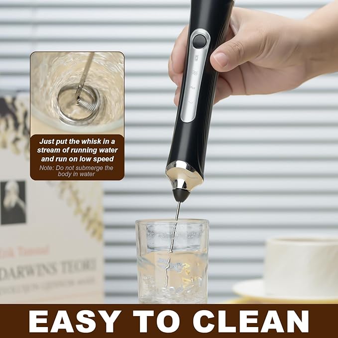 Handheld Electric Milk Frother with 3 Heads, Coffee Whisk Foam Mixer with USB Rechargeable 3 Speeds, Foam Maker Blender for Latte, Cappuccino, Hot Chocolate, Egg, Powders (Black with 3 Heads)