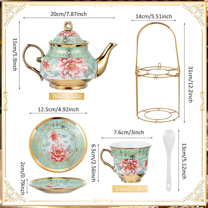 Zhehao 20 Pcs Porcelain Tea Set with Metal Holder and Spoon Adult Ceramic Tea Set European Flower Painting Teapot Cup Saucer Spoon for Women, Large Version (Fresh Style)