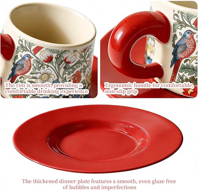 Ceramic Cup and Saucer Set, Luxurious Coffee/Tea Mug, Vintage Beautifully Printed Cups with Handle Practical Gifts for Women Housewarming/Birthday/New Year/Valentine's Day/Mother's Day, 8.8oz (Red)