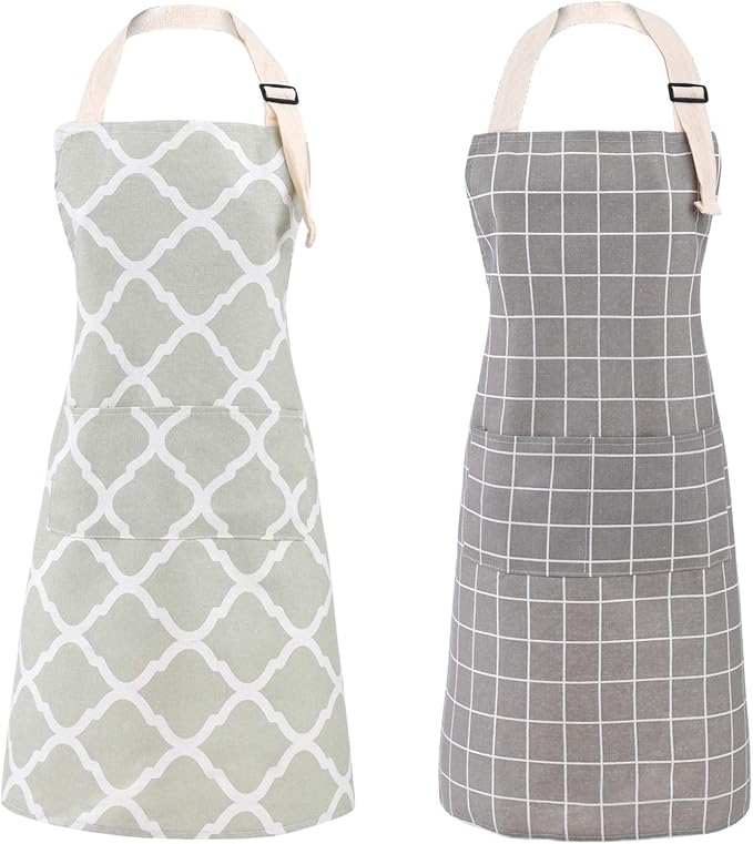 Tosewever 2 Pack Cotton Adjustable Bib Apron for Women, Cooking Kitchen Aprons with Pockets BBQ Drawing, Mom Woman Men Chef (Cotton - Grey/Green, 2) by Tosewever