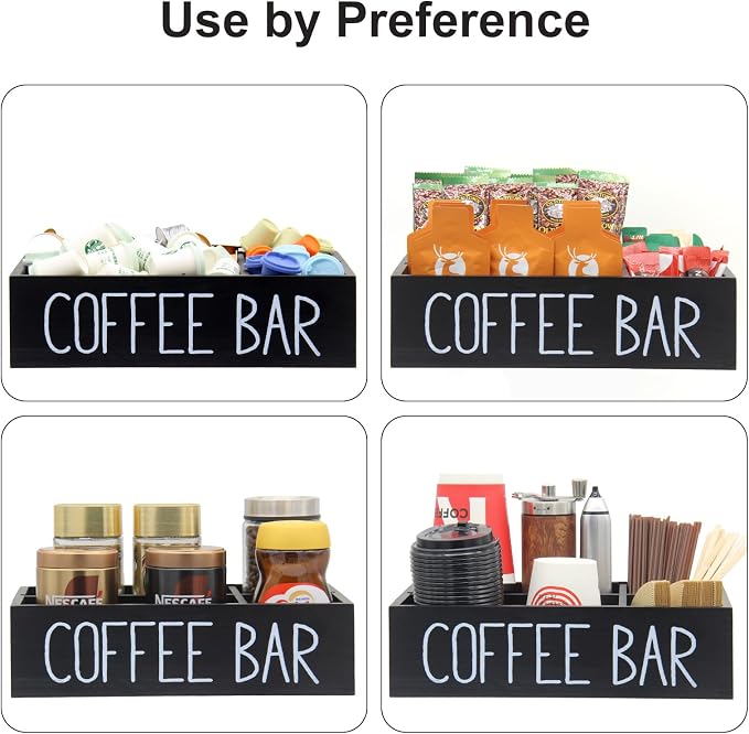 Coffee Station Organizer with Removable Dividers Disposable Cup Holder Wooden Countertop Organizer for Tea Condiment Accessories Storage Farmhouse Bar Decor Black (Black) - Image 5
