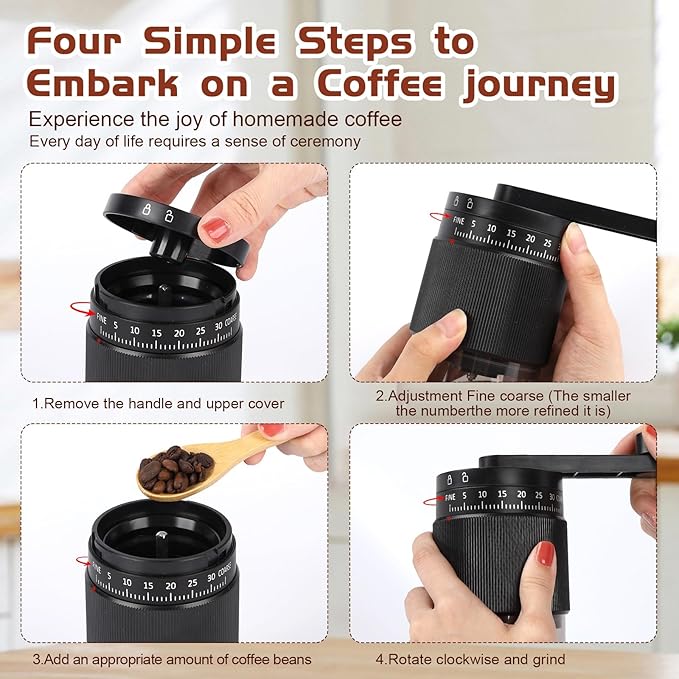 Manual Coffee Grinder - 95 Ceramic Burr, Adjustable Coarse to Fine, 30g Beans & 80ml Powder, Detachable Handle for Espresso, French Press, Camping (Black)