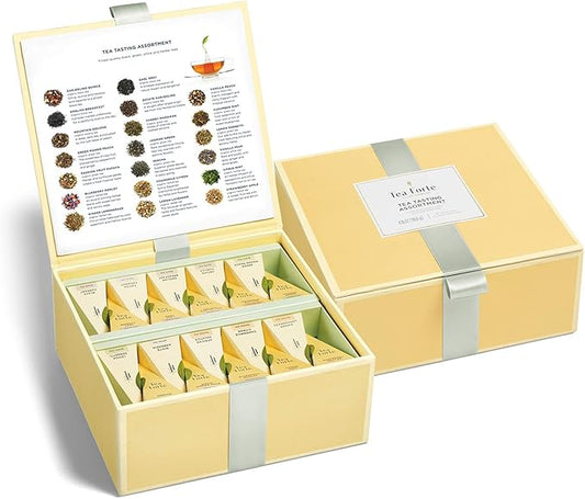 Tea Forte Organic Assorted Variety Tea Sampler, Tea Tasting Tea Chest Gift Box with 40 Handcrafted Pyramid Tea Infuser Bags, Black Tea, Herbal Tea, Oolong Tea, Green Tea, White Tea