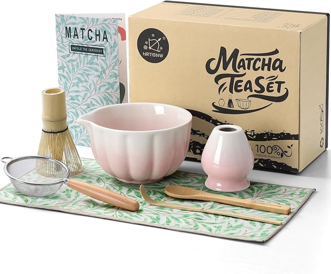 Matcha Whisk Set, 7 Pcs, Matcha Kit Includes Matcha Bowl, Matcha Whisk and Holder, Bamboo Scoop, Spoon, Sifter and Tea Towel, Matcha Set, Gift for Matcha Lovers & Beginners (Gradient Pink)