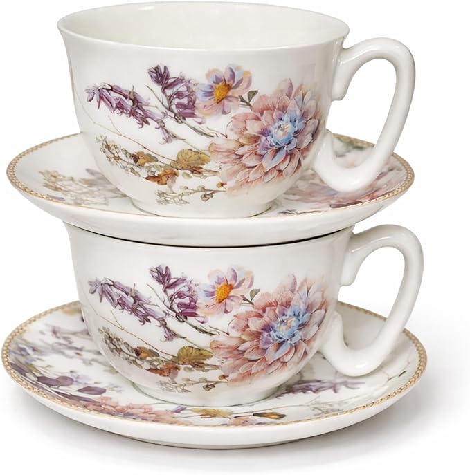 STP GOODS Bone China Tea/Coffee Cup and Saucer in Gift Box Fine Bone China Coffee Cup with Saucer Tea Cup and Saucer Set of One,Porcelain Cup and Saucer (Wildflower Meadow)
