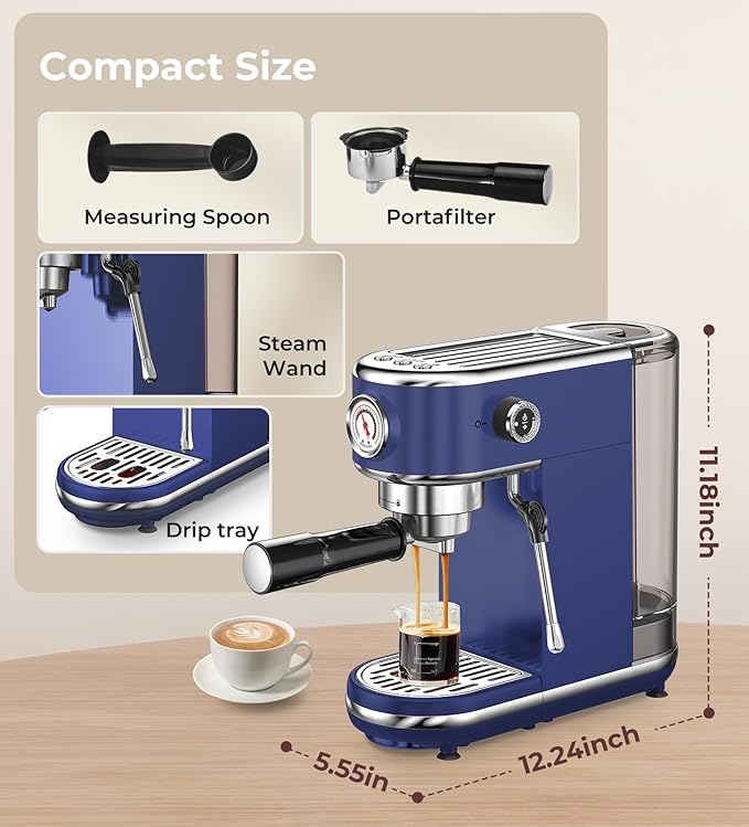 20 Bar Espresso Machine with Milk Frother, Compact Espresso Maker, Stainless Steel Coffee Machine with Precise Temp Control & 44oz Removable Water Tank for Latte, Cappuccino, Dark Blue