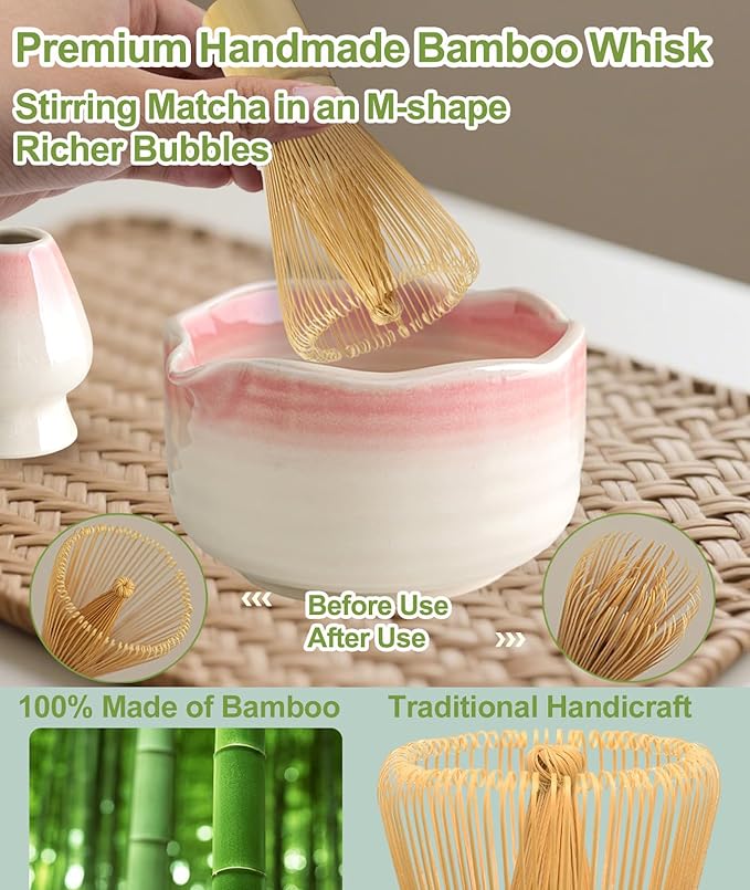 JBER Matcha Whisk Set, Ceramic Matcha Set Includes Bowl & Holder, Bamboo Whisk (Chasen), Sifter, Scoop, Spoon & Rest - 7PCS Matcha Kit Gift for Matcha Lovers & Beginners, Gradient Pink
