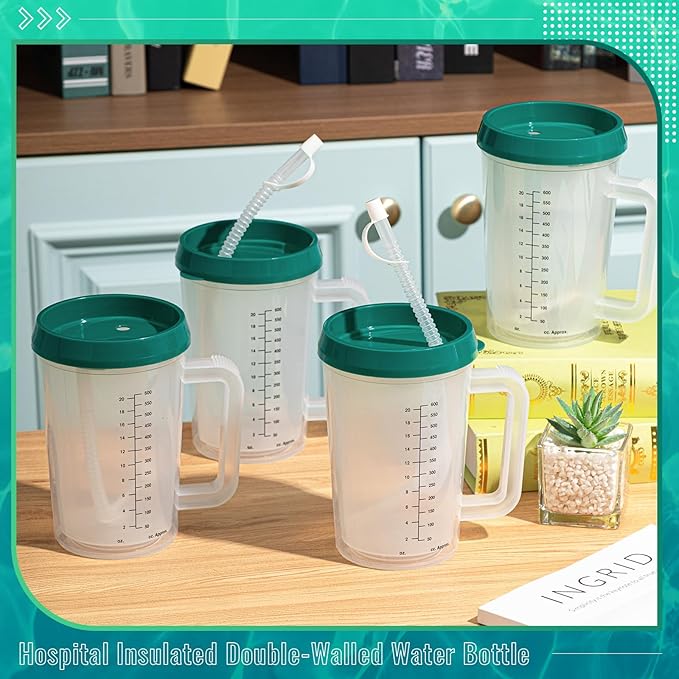4 Pcs 20 oz Hospital Water Cup with Straw and Lid Insulated Double Walled Elderly Water Bottle Hospital Carafe Mug with Handle Graduated Plastic Drinking Sippy Cup for Adult(Green)