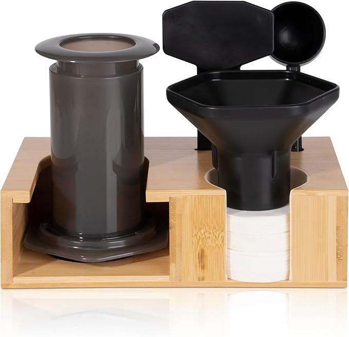 RECAPS Compact Bamboo Storage Organizer Stand Holder Compatible with AeroPress Original/Clear Coffee Maker, Spill-Resistant Coffee Caddy with Non-Slip Pads & Accessory Slots (Fit 64mm Filters)