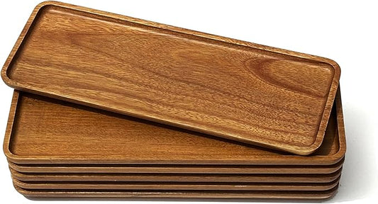 Small Wooden Tray (11.3 x 4.1 inch) 6 Pack, Rectangular Mini Serving Tray for Coffee Tables, Dessert, Snack, Fruit, Acacia Wood Platter for Vegetable, Decor Restaurant