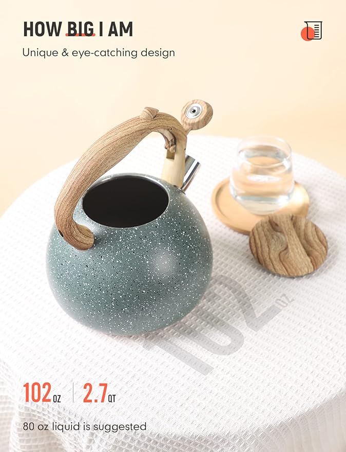 BELANKO 2.7 Quart Tea Kettle for Stovetops - Food Grade Stainless Steel Teapot with Loud Whistle, Cool-Touch Wood Pattern Handle, Rust-Resistant Whistling Kettle - Starry Green