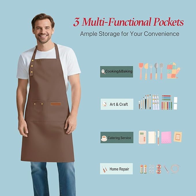 Kitchen Cooking Apron for Women Men Water-Resistant Artist Barista Baking Craft Catering Work Bib with Large Pockets