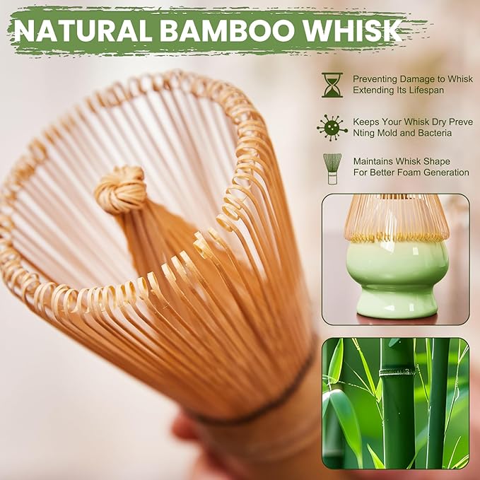Matcha Whisk Set, Lotus Gradient Green Ceramic Matcha Set Includes Matcha Bowl, Matcha Whisk (Chasen) and Holder, Sifter, Bamboo Scoop & Spoon - 6 Pcs Matcha Kit for Matcha Lovers