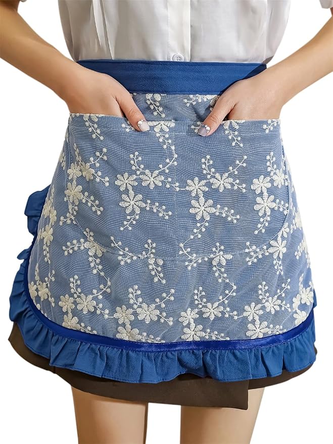 Unisex Chef Aprons White Retro Cotton Maid Short 2 Pockets Waist Waiter Waitress Half Apron by Caatoor