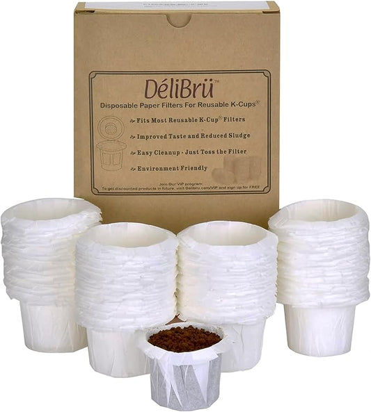 Delibru K Cup Disposable Paper Filters 300 Pack Fits With All Reusable Coffee Pods - Compostable and Disposable Coffee Filters for Keurig Single Cup