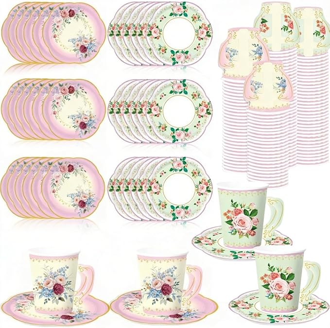 32 Set Floral Paper Tea Cups (7 oz) with Handle & 5.5" Saucers Set, 64pcs Disposable Tea Cup Saucers for Cold & Hot Drinks Serves 32 for Tea Party Wedding Baby Shower Party Supplies