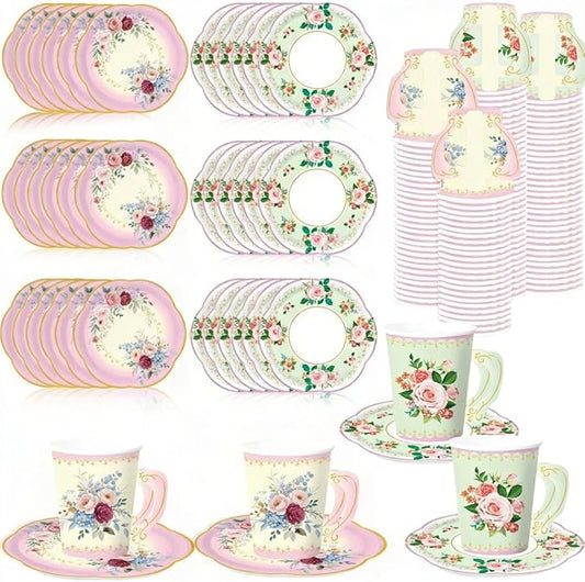 32 Set Floral Paper Tea Cups (7 oz) with Handle & 5.5" Saucers Set, 64pcs Disposable Tea Cup Saucers for Cold & Hot Drinks Serves 32 for Tea Party Wedding Baby Shower Party Supplies