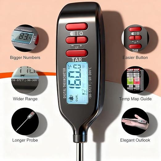 Antonki Meat Thermometer Digital, Smart Instant Read Food Thermometer with Super Long Probe for Cooking Grilling Baking Kitchen Candy BBQ Oil Liquid, Backlit Display, Battery Included