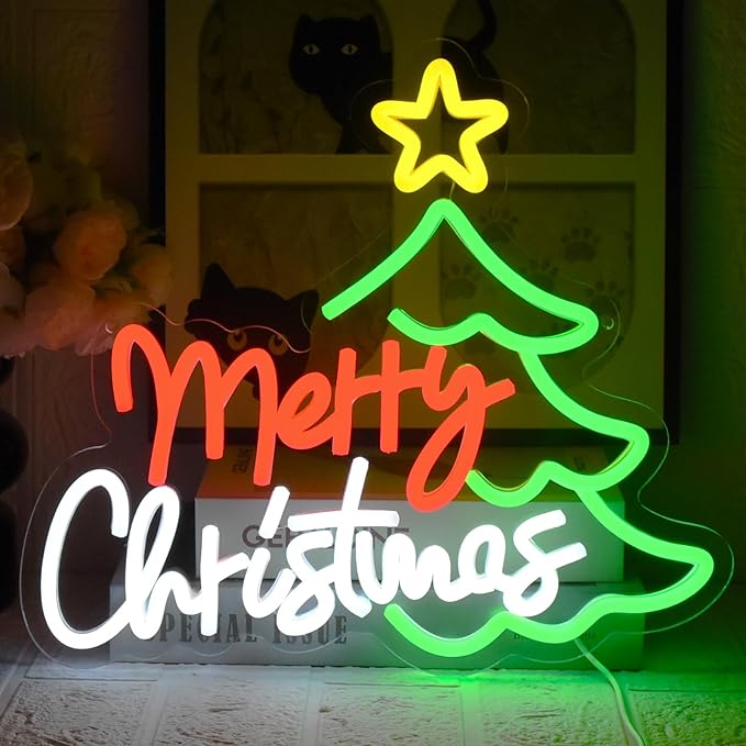Merry Christmas Neon Sign for Wall Decor, Dimmable Christmas Tree Neon Signs LED Light up Sign with USB Powered for Bar Man Cave Club Party Room Shop Window Bedroom Decor Gifts