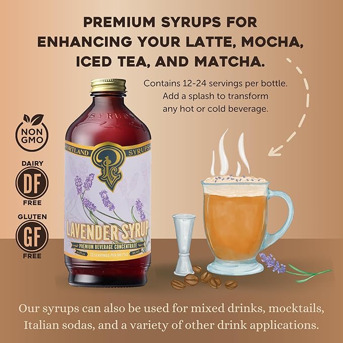 Portland Syrups Lavender Syrup - Lavender Beverage Concentrate for Tea, Matcha, Coffee, Sodas, and Baking - Floral Flavor for Crafting Refreshing Drinks - 12 oz Bottle, 24 Servings (Pack of 2)