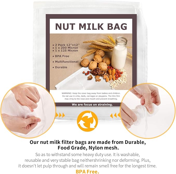 SCENGCLOS Nut Milk Bags, 12"x12", 2 Pack, Reusable Nylon Food Strainer, Multi-use Food Grade Filter for Almond Milk, Juice, Tea, Cold Brew Coffee(1x200 Micron & 1x125 Micron)