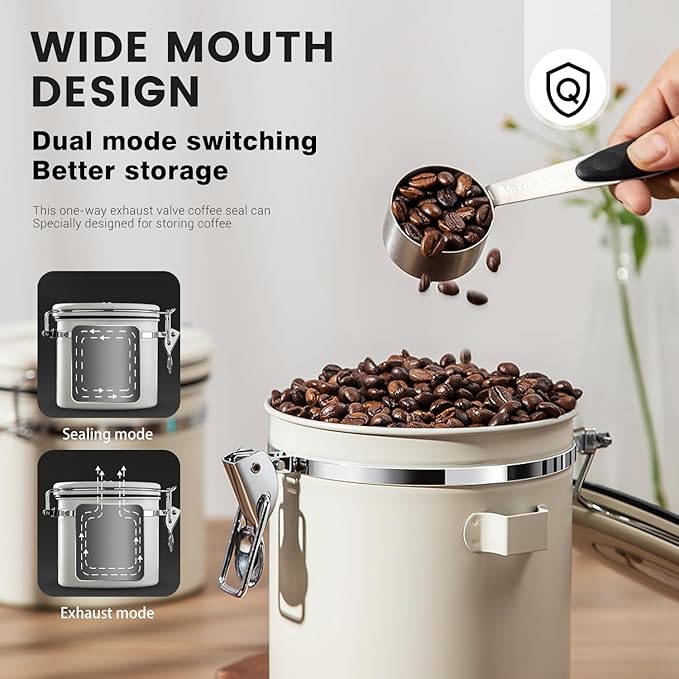 Airtight Coffee Container with Date Tracker & Spoon - Kitchen Storage Jar for Coffee Grounds, Cereal, Beans, Sugar (Beige, 24OZ)