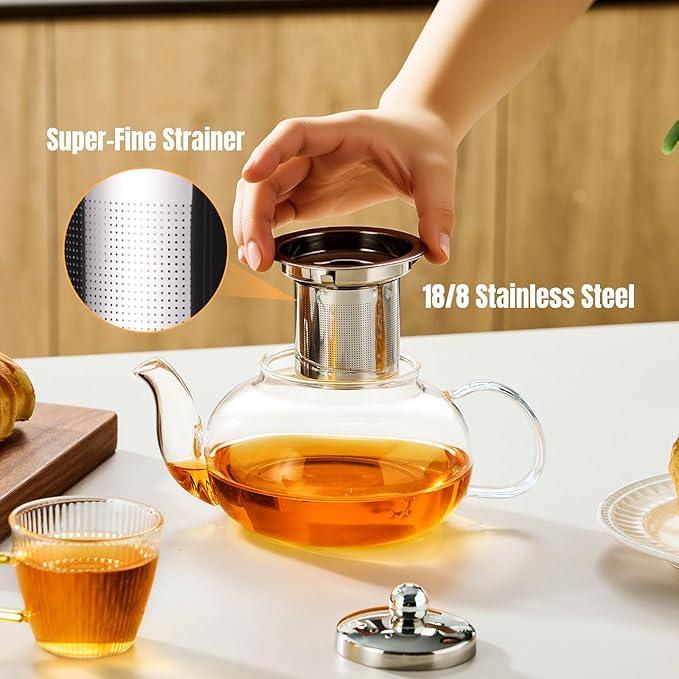 Glass Teapot Stovetop 20 OZ/600ml, Tea pot with Removable 18/8 Stainless Steel Infuser, Borosilicate Clear Tea Kettle, Teapot Blooming and Loose Leaf Tea Maker Tea Brewer for Camping, Travel