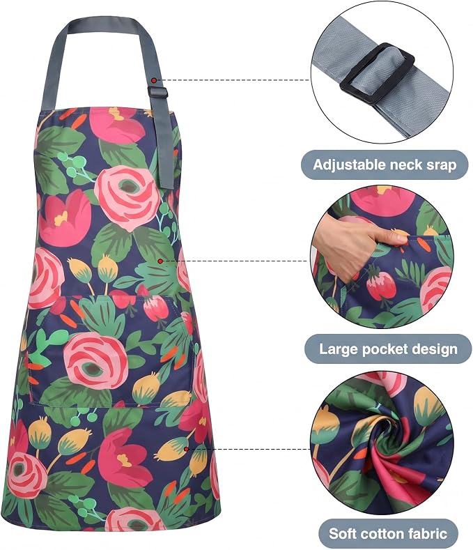 BOUMUSOE 3 Pack Floral Aprons with Pocket, Blooming Womens Aprons | Waterproof Adjustable Cooking Aprons for Kitchen Gardening and Salon - Image 2