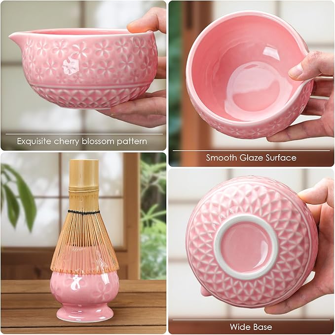 7Pcs Matcha Whisk Set, Matcha Set Whisk and Bowl,Bamboo Scoop, Scoop Rest, Sifter and Tea Towel, Matcha Kit W/Carved Cherry Blossm Pattern for Matcha Lovers (Sakura Pink)