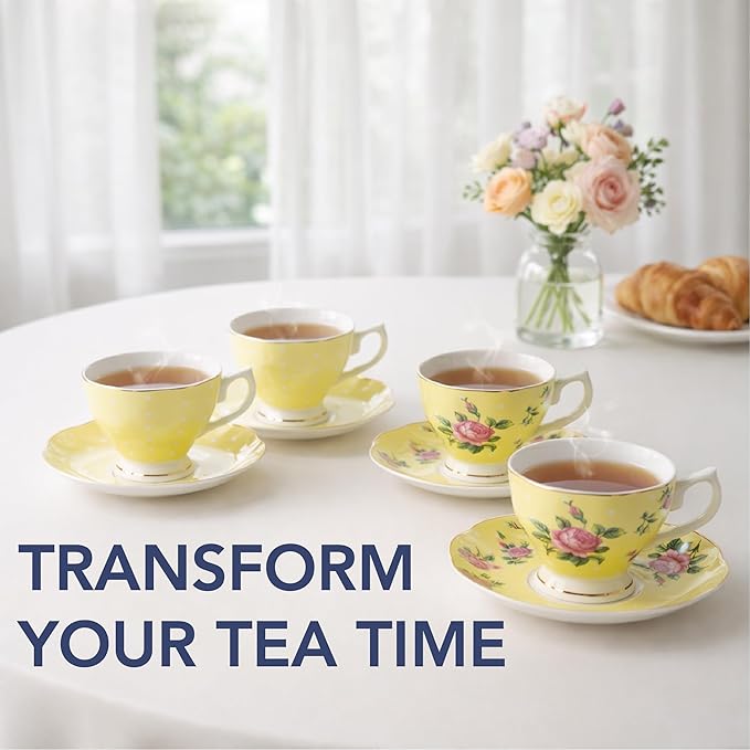 BTaT- Floral Tea Cups and Saucers, Set of 4, 8 oz, Fine Porcelain Teacup Set with Gold Trim for Afternoon Tea, Weddings, Parties & Gifting, Dishwasher Safe, Lightweight, Non-Toxic