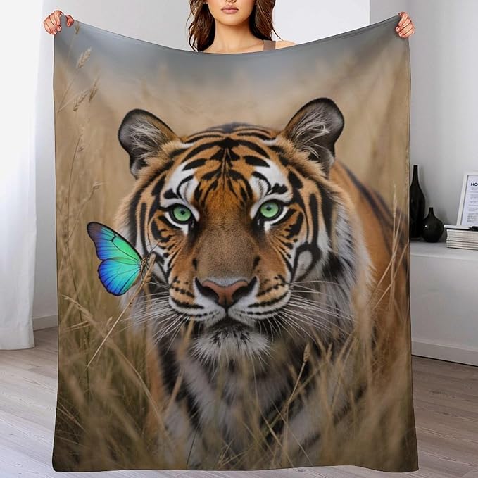 Beautiful Tiger Nature Grass Super Soft Throw Blanket, Blue Butterfly Flannel Fleece Decorative Throw for Sofa Couch Bedroom Decor Outdoor Use 60"x80"