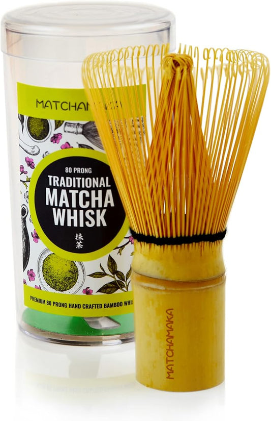 Matcha Whisk - Bamboo Whisk for Matcha Powder, MATCHAMAKA Handcrafted Organic Traditional Japanese Chasen, 80-Prong Matcha Stirrer Wisk Mixer Brush for Authentic Tea Preparation