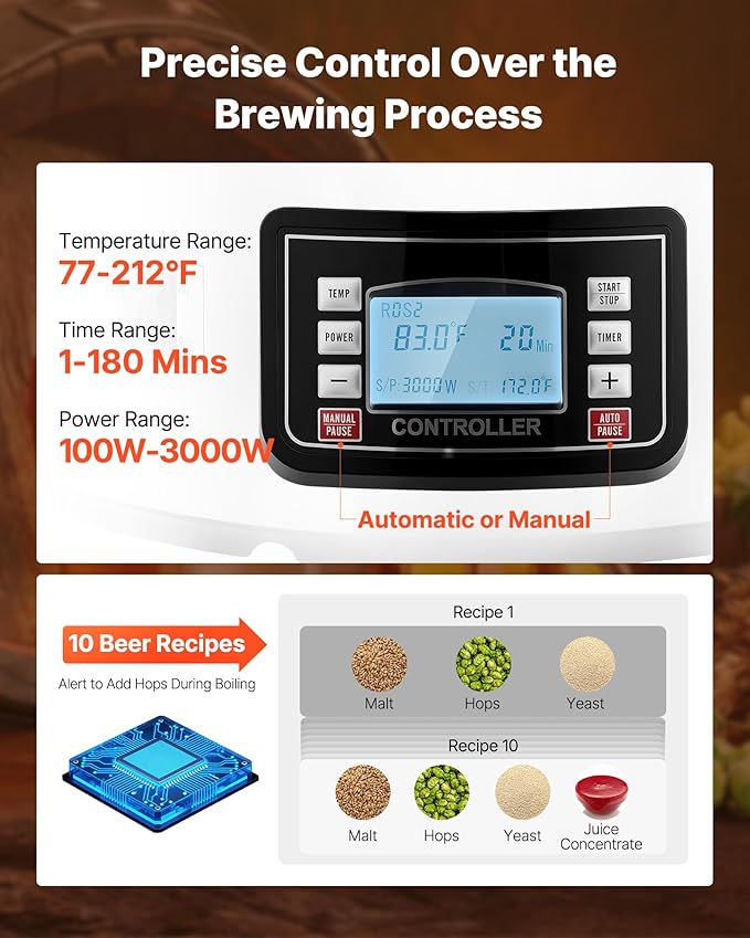 VEVOR Beer Brewing Equipment, 16 Gal/60L Beer Maker with Anti-Burn Pump and Wort Chiller,3000W All-in-One Home Brewing Kit with Digital Control, Recipe Memory & Timer, Removable mesh strainer