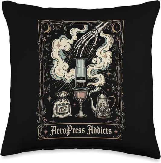 Gothic AeroPress Coffee Shirts Mystical Coffee Brewing Scene Throw Pillow