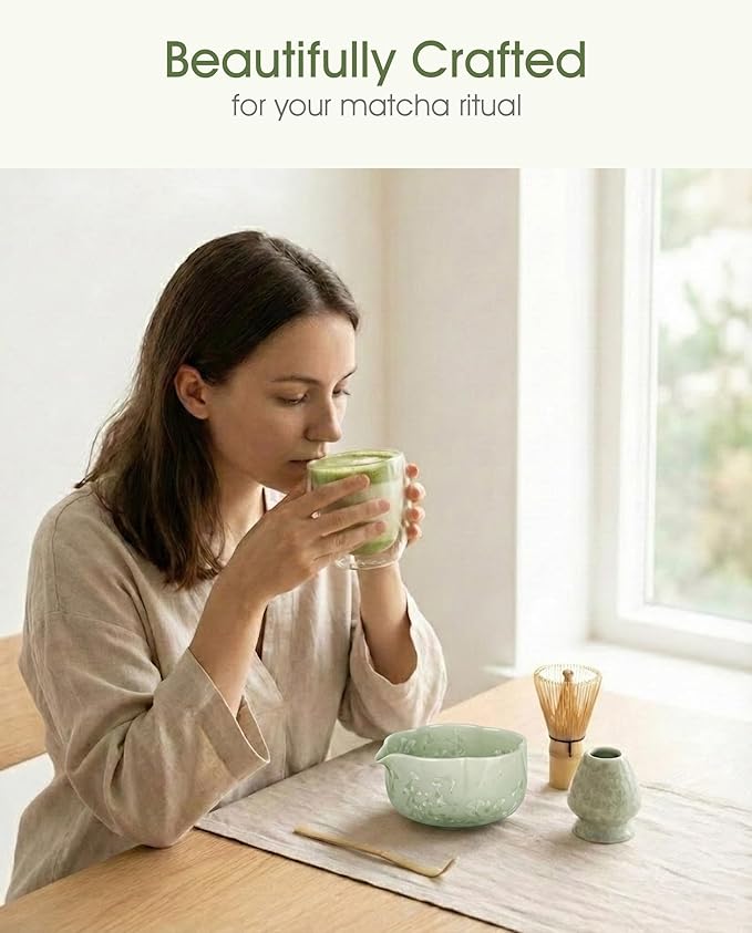 Matcha Whisk Set, 4-Piece Matcha Kit with Ceramic Matcha Bowl, Bamboo Whisk, Whisk Holder, scroop - Complete Matcha Tea Set Perfect for Beginners & Matcha Lovers Light Green