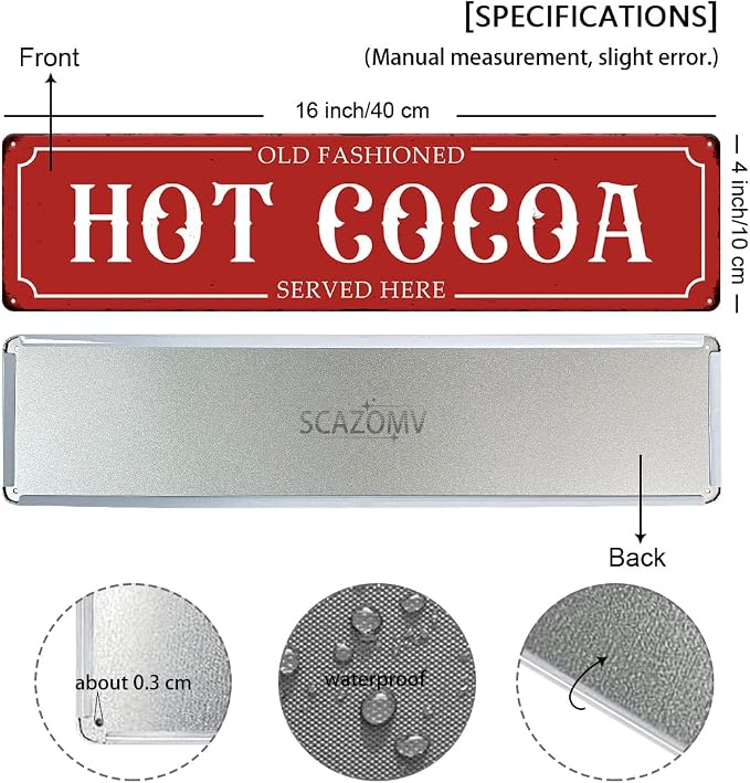 Hot Cocoa Served Here Christmas Metal Sign Vintage Print Art Poster Tin Hanging Plaque for Home Kitchen Patio Yard Office Cafe Coffee Bar Front Door Wall Decor Novelty Gift 16" x 4" - Image 2