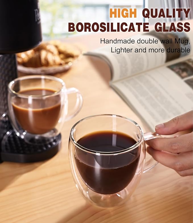 Espresso Cups Set of 2,Hand Blown 5oz Double Walled Insulated Espresso Coffee Mugs with Handle,Perfect for Cappuccino, Latte, Tea, Clear Glass Espresso Shot Cups Suitable for Coffee Machine