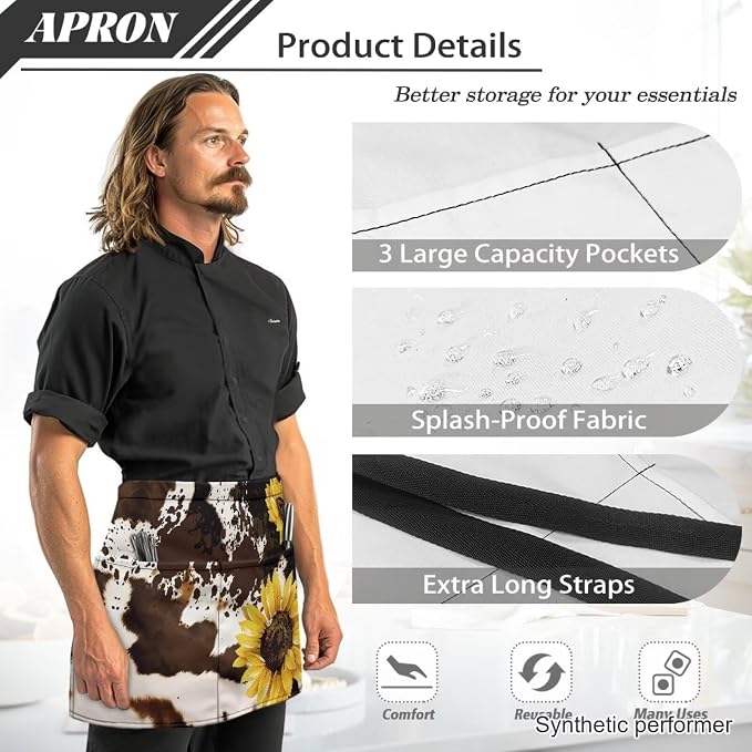 Waist Apron with 3 Pockets Waterproof 13 Inch Short Half Waist Aprons Women Men Server Aprons Waitress Waiter Apron - Image 6