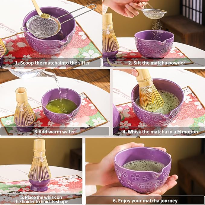 8-Piece Matcha Ceremony Set - Tea Kit with Cherry Blossom Bowl, Bamboo Whisk, Wood Scoops, Tea Cloth & Floral Display - Gift-Ready Pink Cherry color box (Purple;)